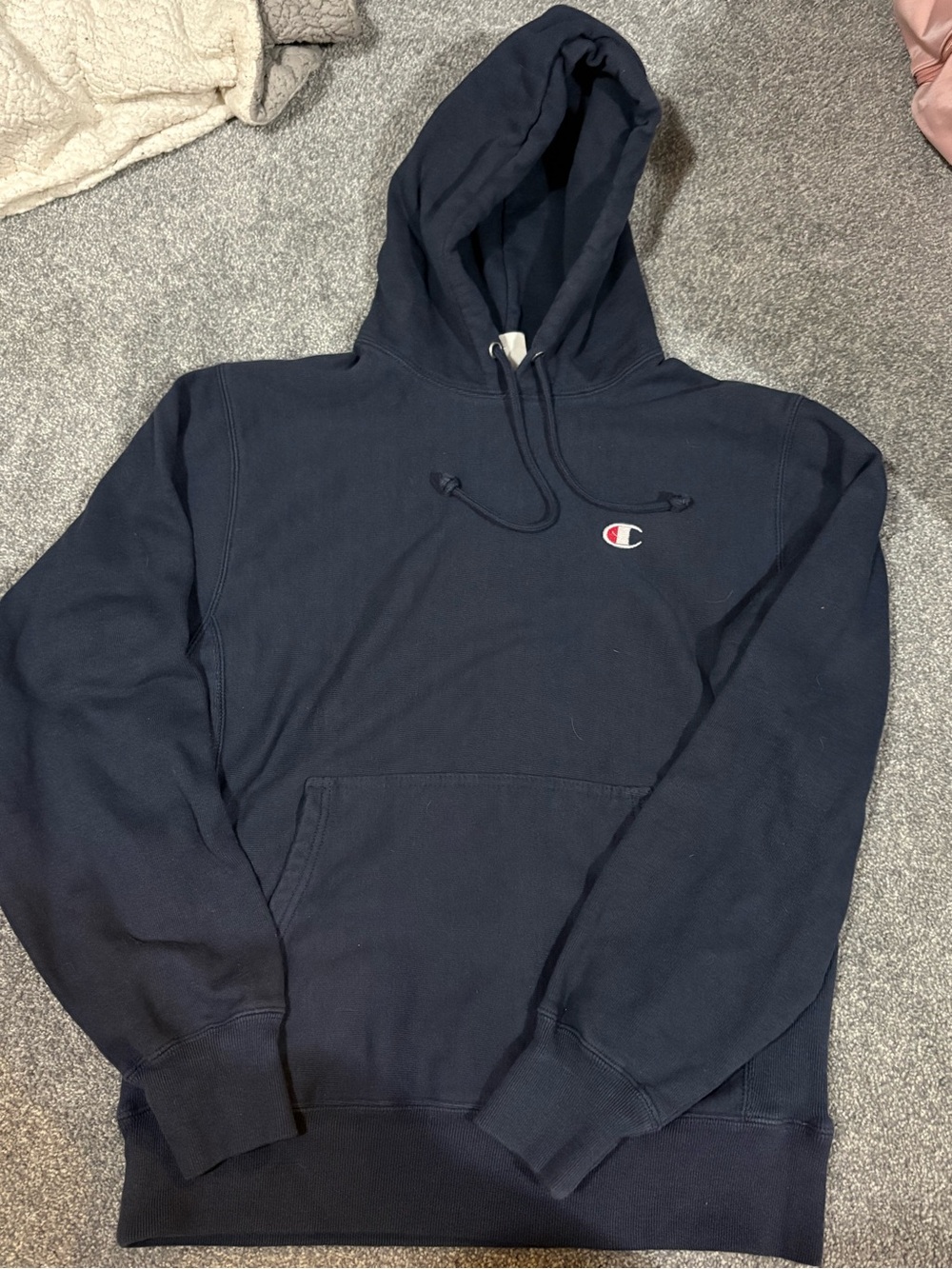 Champion Reverse Weave Navy Classic Logo Hoodie- Medium